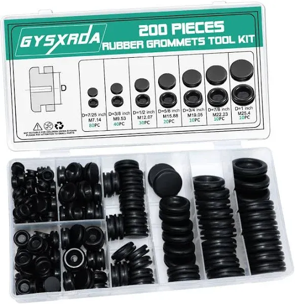 Rubber Grommet Kit 200 Pack - 7 Sizes Firewall Rubber Hole Plugs Rubber Grommets for Wiring, Automotive, Home Improvement Cord Pipe Wire Organization (7/25, 3/8, 1/2, 5/8, 3/4, 7/8, 1 inch)