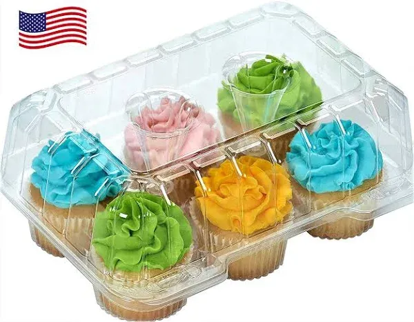 Decony Cupcake Boxes 6 Count [ MADE IN USA ]- Clear Plastic Cupcake Containers with 4" High Dome Lid- Durable Cupcake Holders- Each Cup Cake Box Holds 6 Cupcakes- 12 Pack