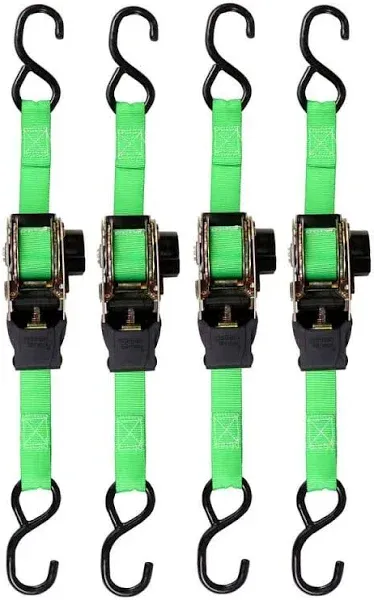 4 PK Retractable Ratchet Tie Down Straps 1500lb Break Strength 500lb Safe Green