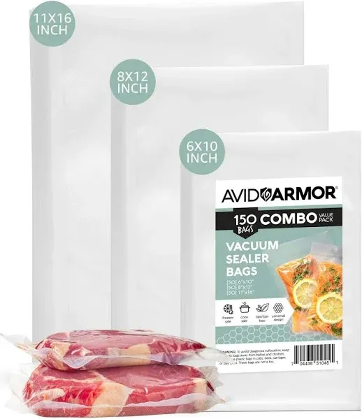 Avid Armor Vacuum Sealer Bags, Vac Seal Bags for Food Storage, Freezing, and Sous Vide Cooking, Non-BPA Freezer Vacuum Sealer Bags, Pint, Quart, and Gallon Sizes Combo Pack, 150 Bags