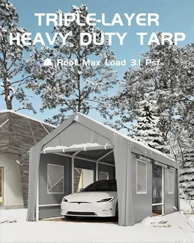 25'x13'x11' Windproof Carport Heavy Duty, 20 GA. Reinforced Poles & 14 mil PE Canopy, Extra Large Anti-High Wind Portable Garage for Full-Sized Pickup Truck and Bass Boat, Gray