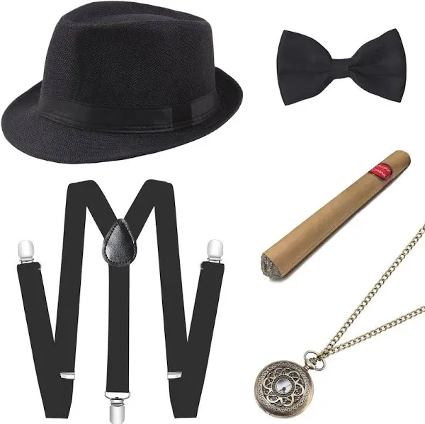 Gatsby Gangster Panama Hat, Suspender, and Bow Tie Set