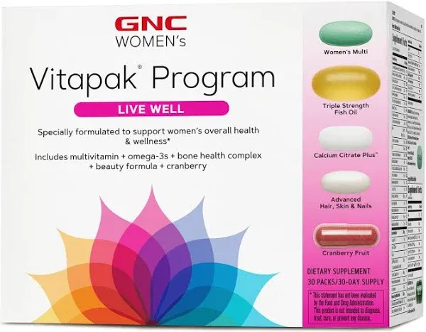 GNC Women's Ultra Mega Live Well Vitapak | Full Body Supplement Support | 3-Step Multivitamin System for Optimal Health | Contains Omega-3, Calcium, Biotin, Collagen & Cranberry | 30 Count