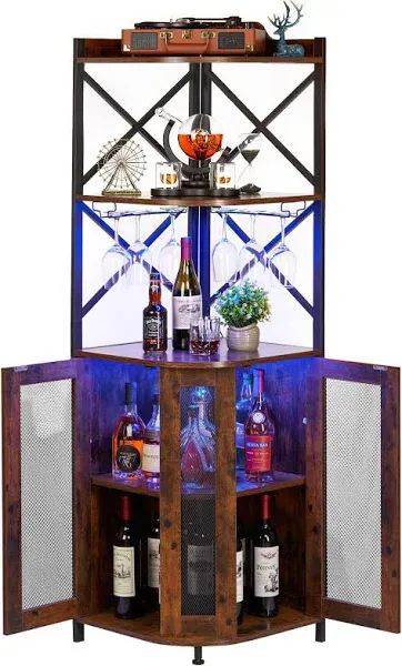 JKsmart Corner Bar Cabinet with LED Lights, 5-Tier Industrial Wine Bar Cabinet with Glass Holder, Farmhouse Liquor Cabinet with Adjustable Shelf, Home Bar for Coffee Bar Cabinet, Rustic Brown