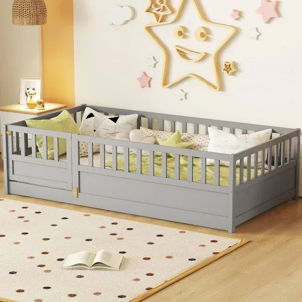 Bellemave Full Floor Bed with Slats, High Fence and Door Kids Bed Full