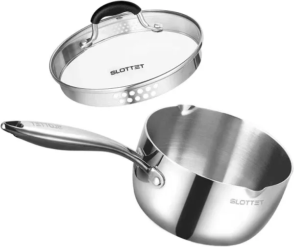 Tri-Ply Full Body Stainless Steel Sauce Pan with Steamer,1.5 Quart Small Multipurpose Pasta Pot with Strainer Glass Lid, Saucepan with Pour Spout for Cooking Stay-cool Handle.