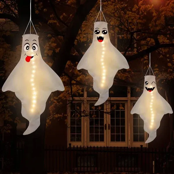 3PCS Halloween Decorations Outdoor Ghost Windsock LED Hanging Decor - Hallowmas Wind Sock Tree Yard Party Ornaments（No Batteries & No Timer）