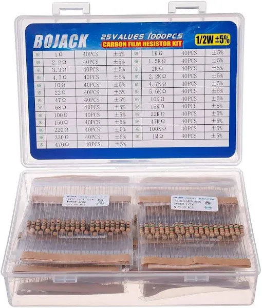 BOJACK 1000 Pcs 25 Values Resistor Kit 1 Ohm-1M Ohm with 5% 1/2W Carbon Film Res