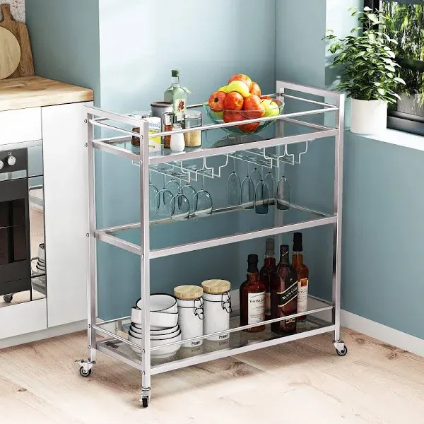 LORMiter 3 Tier Glass Shelves Rolling Serving Bar Cart with Wine Rack and Glass Holder