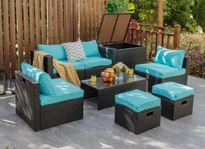 Costway 8PCS Patio Rattan Furniture Set Storage Table Ottoman