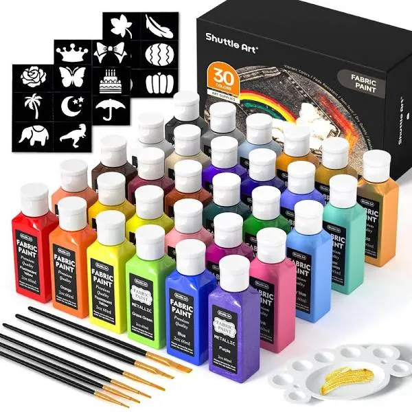 Fabric Paint, Shuttle Art 30 Colors Permanent Soft Fabric Paint in Bottles (60ml/2oz) with Brushes, Palette, Stencils, Non-Toxic Textile Paint for