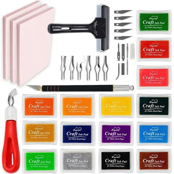 Stamp Carving Kit, 3 Rubber Blocks, Brayer, Lino Carving Tool, Precision Knife Kit, 15 Stamp Ink Pads