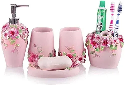 Vintage Pink Bathroom Accessories, 5Piece Bathroom Accessories Set, Bathroom Set Features, Soap Dispenser, Toothbrush Holder, Tumbler & Soap Dish - Bath Gift Set