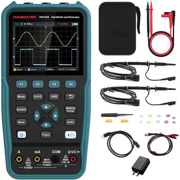 HANMATEK 3 in 1 Handheld Oscilloscope Multimeter with 2 Channels HO52S 3.5"TFT Oscilloscop, 50MHz Waveform Generator Multimeter Backlit Screen,