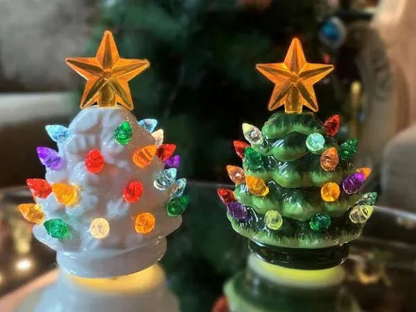 2pc 3.5”H LED Ceramic Mini Christmas Tree, LED Light up, Battery Operated