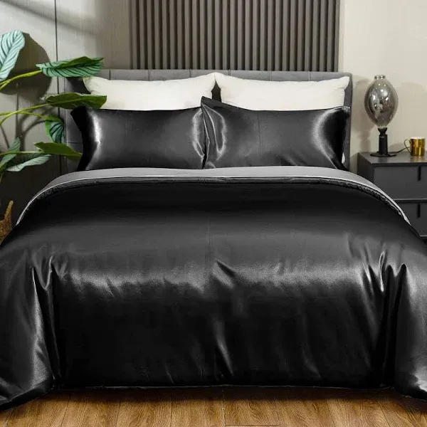 REDKEY Satin Comforter Set Twin Luxurious Soft Silky Cooling Down Alternative Reversible Two-Color Comforter Set with 1 Pillowcase Twin Black