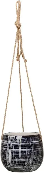 Creative Co-Op Hanging Stoneware Pattern & Jute Hanger, Blue (Holds 5" Planter Pot