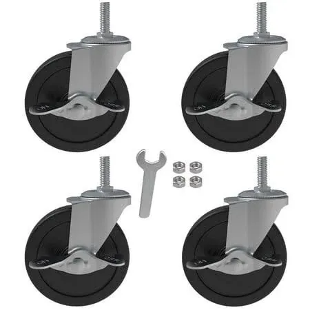 4X 4 inch Brake Threaded Stem Casters 3/8 inch-16x1 inch, Swivel Rubber Caster Wheels with Nuts Lock, Industrial Replacement for Carts Workbench