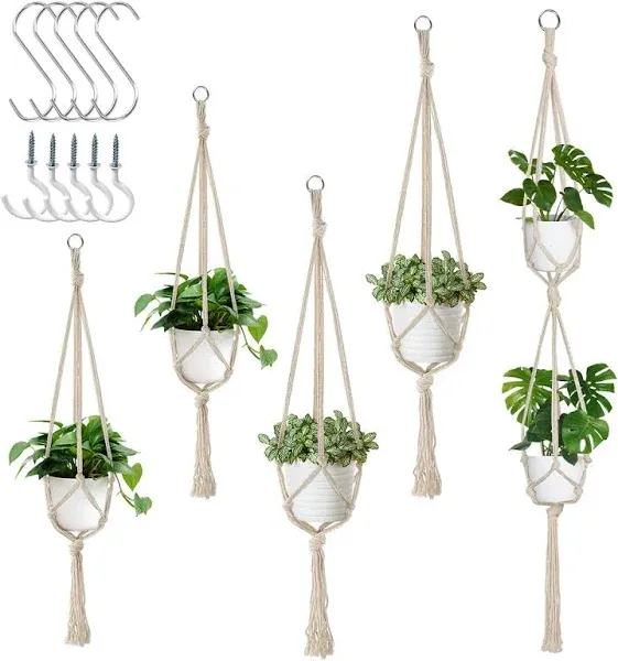 Auckpure 5 Pack Macrame Plant Hangers, Indoor Hanging Plant Holder with S Hooks and Hook Nails, 3 Sizes 34"/40"/54", Handmade Macrame Planter Hanging Baskets