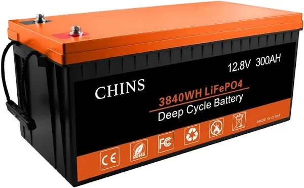 CHINS LiFePO4 Battery 12V 300AH Lithium Battery - Built-in 200A BMS with Low-Temp Protection, 2000~6000 Cycles, Perfect for RV, Off-Grid, Solar Power System, Home Backup, Boat, UPS, Marine etc.