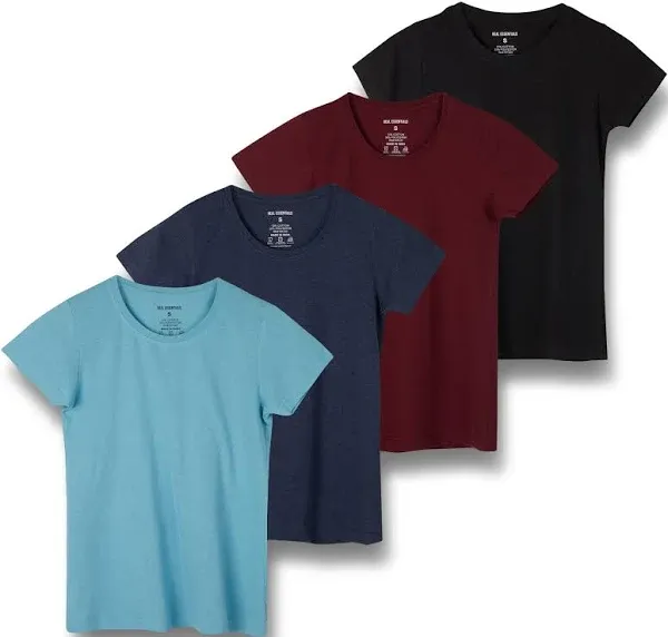 Real Essentials 4 Pack: Girls Short Sleeve Dry-Fit Crew Neck Active Athletic Performance T-Shirt