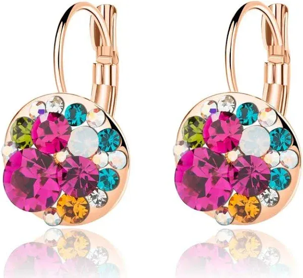 Multicolored Austrian Crystal Leverback Earrings for Women 14K Gold Plated Dangle Hoop Earrings Hypoallergenic