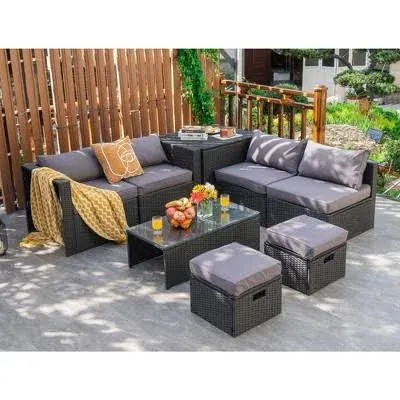 8-Piece Outdoor Wicker Furniture Set with Storage Box | Costway