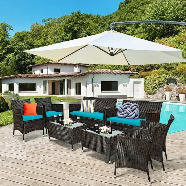 Costway 8PCS Patio Rattan Furniture Set Cushioned Sofa Coffee Table Backyard Turquoise/Red/Grey/White/Navy