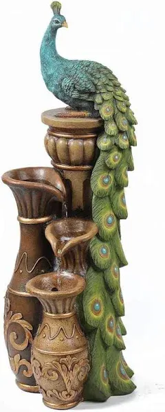 Peacock and Urns Resin Outdoor Fountain with LED Lights Multi-Color