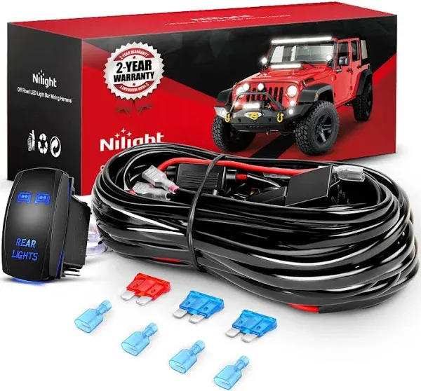 Nilight - 10012W LED Light Bar Wiring Harness Kit REAR LIGHTS 12V 5Pin Rocker Switch Laser On off Waterproof Switch Power Relay Blade Fuse-2 Lead,2 Years Warranty Black