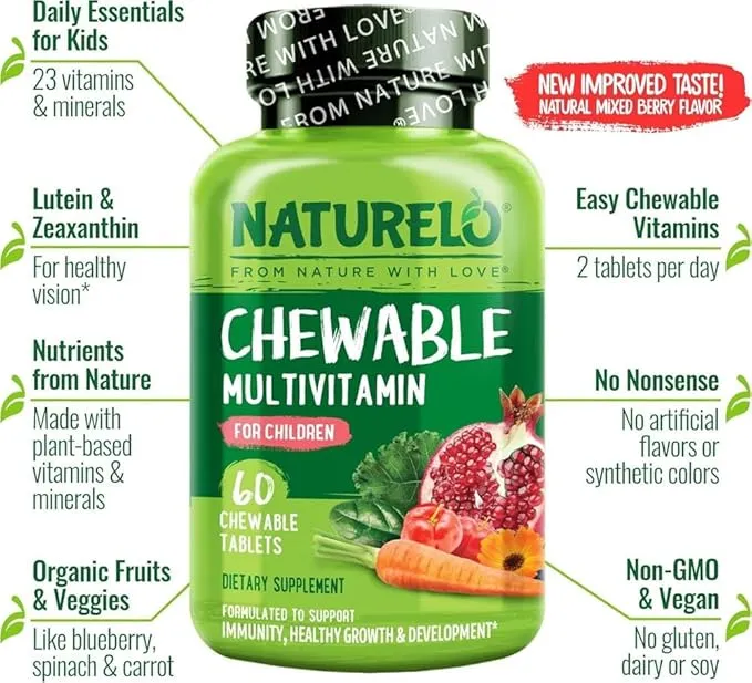 NATURELO Chewable Vitamin for Kids – Multivitamin with Whole Food Fruit Blend - 60 Tablets for Children