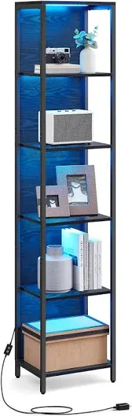 6-Tier LED Bookshelf, Display Shelf with Dimmable Lights, LED Bookcase, 11.9 x 15.7 x 70.3 Inches, Black with Wood Grain