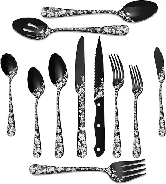 53-Piece Black Silverware Set with Serving Utensils, Black Flatware Set for 8 ...