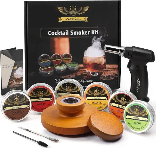 Cocktail Smoker Kit Gift Set for Whiskey & Bourbon, Old Fashioned Cocktails Whiskey Set with Torch, Six Types of Wood Chips & Herbs