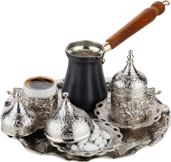 Turkish Greek ArabicCoffee Set with Sugar Bowl Tray and Copper CoffeePot, 12 Pcs