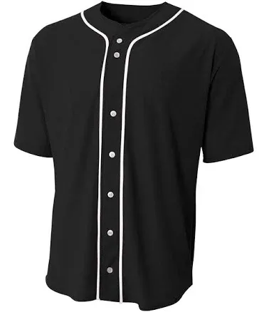 A4 N4184 Shorts Sleeve Full Button Baseball Top - Black - M