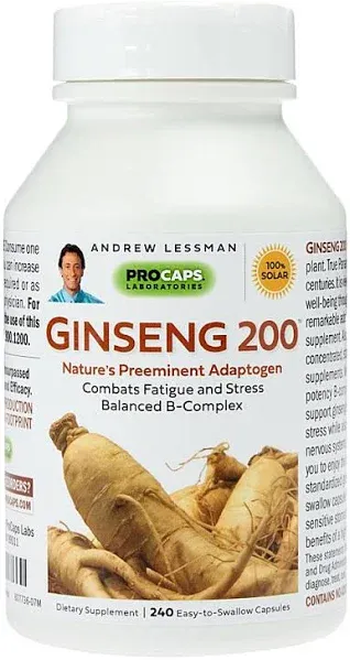 ANDREW LESSMAN Ginseng 200-240 Capsules - Standardized Extract to Support Well-Being. Adaptogen, Combats Fatigue and Stress. Gentle, Small, Easy-to-Swallow Capsules. No Additives