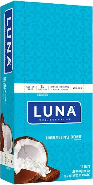 Luna
           Gluten Free Whole Nutrition Bars Chocolate Dipped Coconut -- 15 Bars
        
        
        
        
        
          
          SKU #: 722252200693
          
            Shipping Weight:
              1.795 lb
            
       