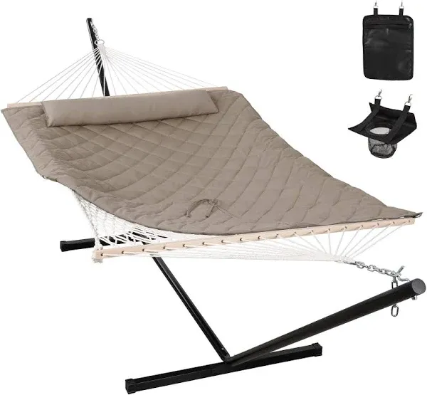 Double Hammock with Stand Included, Rope Hammock with Detachable Pillow and Hamm