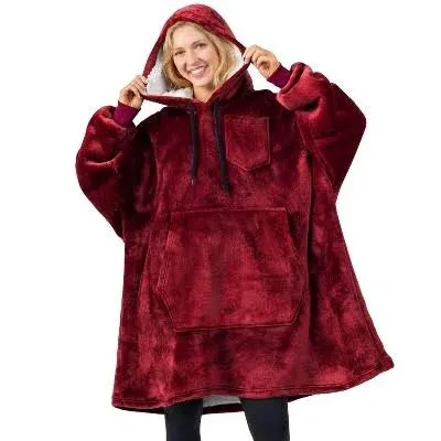 NEW Qeils Oversized Comfy Sherpa Wearable Blanket Hoodie- Burgundy, Adult