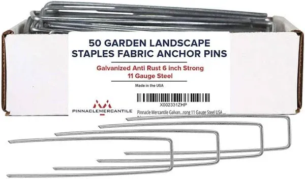 Pinnacle Mercantile USA Made 50 Pack Garden Landscape Staples Weed Barrier Fabric Stakes Galvanized 6 inch Pins Anti Rust Sod Staple 11 Gauge Steel