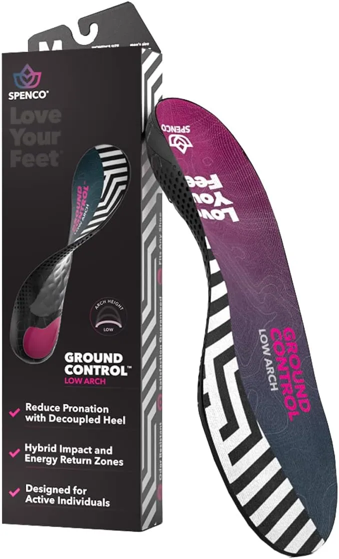 Spenco Ground Control Shoe Insoles for Women and Men, Low Arch, Women's 9-10 / Men's 8-9