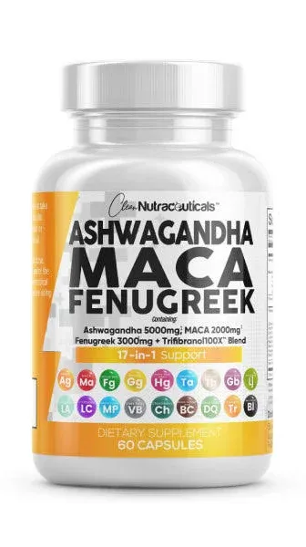 Ashwagandha 5000mg Maca Root 2000mg Fenugreek 3000mg Supplement with Tongkat Ali Ginseng - Assists with Stress, Mood & Thyroid Health - Ashwagandha Capsules Maca Pills Fenugreek Caps - 60 Count