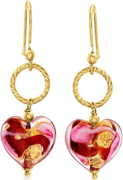 Ross-Simons Italian Red and Pink Murano Glass Heart Drop Earrings in 18kt Gold Over Sterling