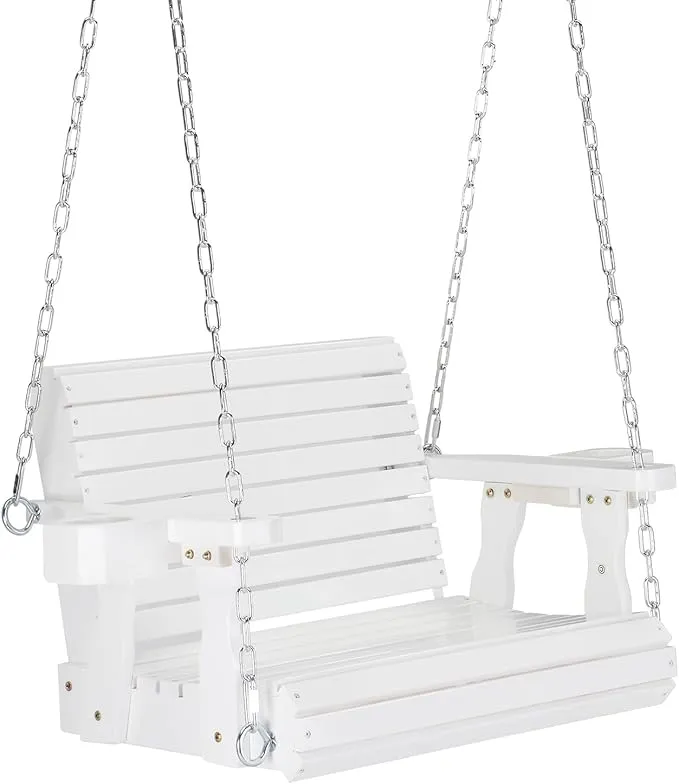 VINGLI Heavy Duty 440 LBS 1-Person Wooden Patio Porch Swing with Extra Cup Holder for Adults & Kids, Outdoor Single Porch Swing for Porch, Yard, Balcony, Tree (White)