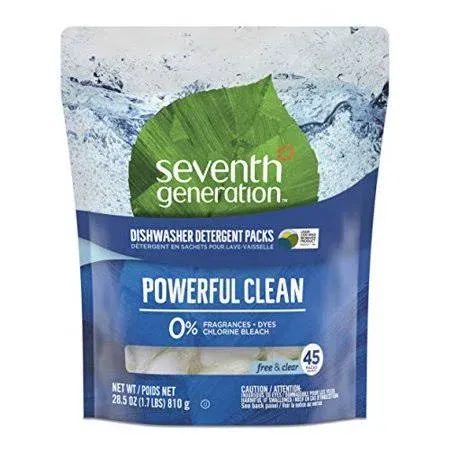 Seventh Generation Dishwasher Detergent Packs for Sparkling Dishes Free & Clear Dishwasher Tabs 45 Count