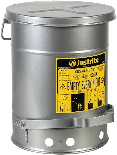 JUSTRITE 6 Gallon, Oily Waste Can, Hands-Free Self-Closing Cover, SoundGard™, Silver - 09104