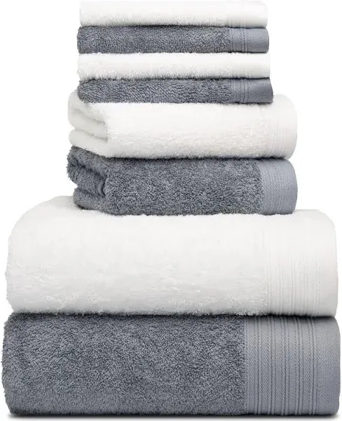 100% Cotton Towels | 2 Bath Towels 30" x 56", 2 Hand Towels 18" x 30" & 4 Washcloths 13" x 13" | Dark Grey & White Hand Towels | 8 Ultra Soft & Highly Absorbent Hand Towels for Bathroom