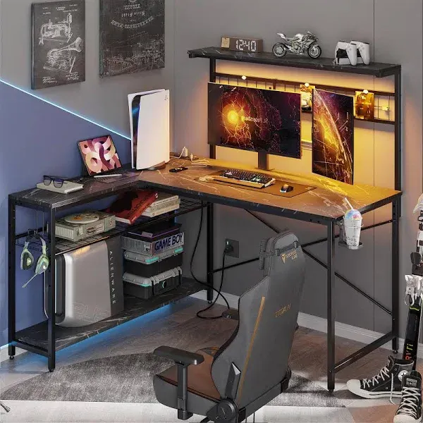 Bestier L Shaped Gaming Desk with Power Outlets, Large, Pink 3d Carbon Fiber 