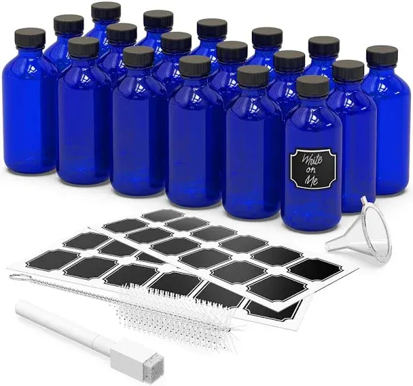 18 PK 8 Oz Glass Bottles with Lids | Leakproof Cobalt Blue Glass Bottle | Small